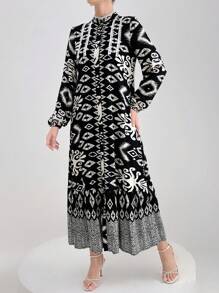 Mulvari Women Geometric Print Stand Collar Long Lantern Sleeve Arabian Modest Dress