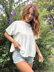 SHEIN EZwear Solid Ruffle Hem Round Neck Blouse Peplum Top - White - View 3