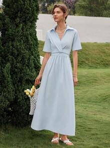 Aveloria Rosie Short Sleeve Solid Color Shirt Collar Women Dress