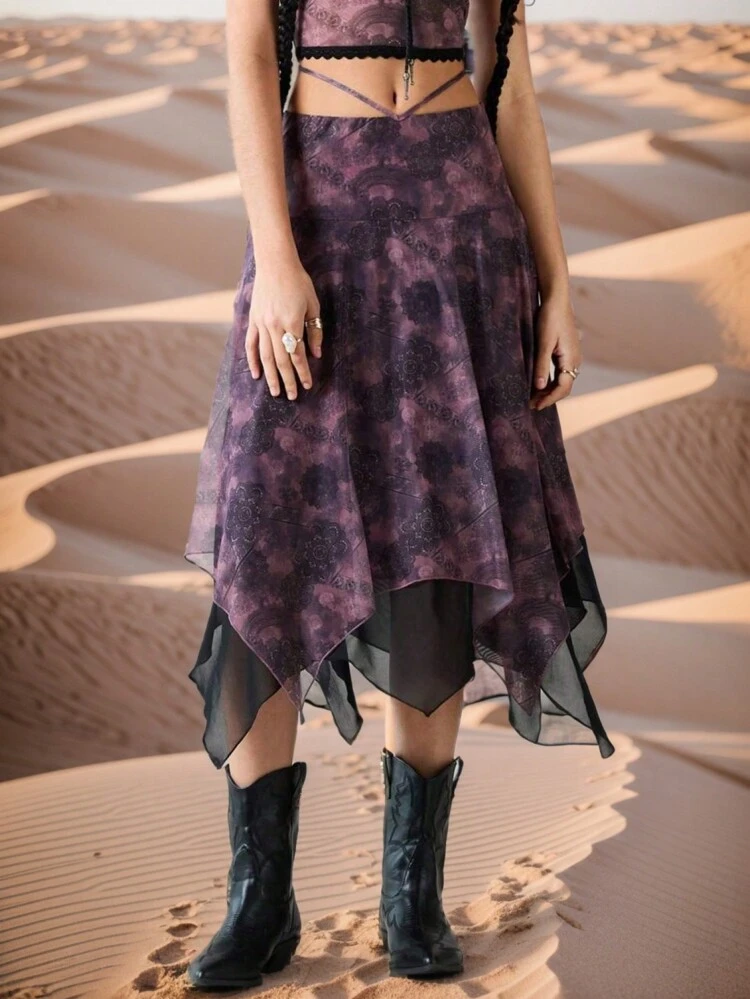 Women's Tie-Dye Flower Print Color Block Asymmetrical Hem Skirt