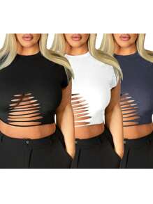 SHEIN SXY Plus Size Cut Out Basic Casual T-Shirt, Suitable For Summer, Dating, Casual, Shopping, Streetwear, Going Out, Vacation, Beach, Easy To Match&Looks Slim