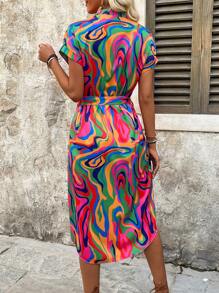 SHEIN Clasi Women Summer Marble Print Batwing Short Sleeve Casual Dress Maxi Women Outfit