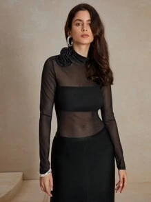SHEIN Allurite Women Fitted Sheer 3D Rose Long Sleeve Blouse