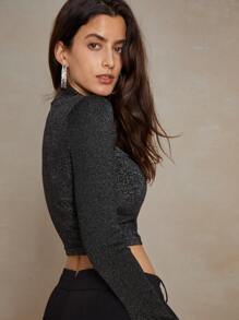 Anewsta Tee-shirt manche longue sexy, conception minimaliste ajourée, tendance,ajusté, sexy pour jeunes femmes - Noir - Voir 2