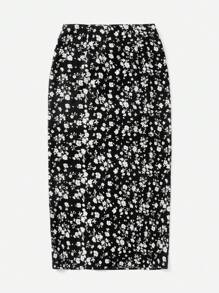 SHEIN VCAY 大码波西米亚风开叉花卉印花半身裙，适合夏季 - 黑色 - 查看 2