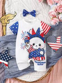 SHEIN Baby Girl US Independence Day Cartoon Printed Short Sleeve Romper And Headband Included
