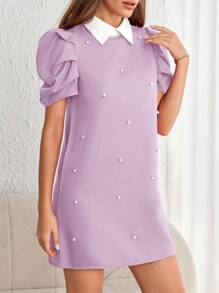 SHEIN Privé Women Solid Color Simple And Minimalist Daily Dress With Pleated Design,Lavender Dress - Mauve Purple - View 6