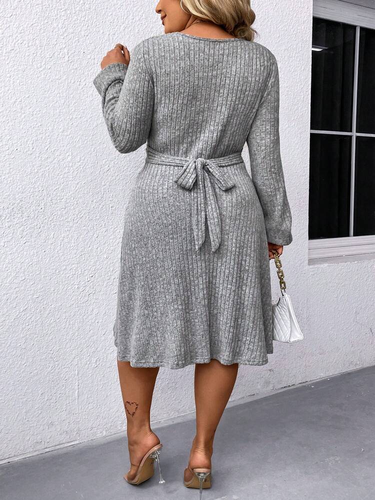 Plus Size Round Neck Lantern Sleeve Dress With Gathered Waist And Simple Design Fall Cloth For Women
