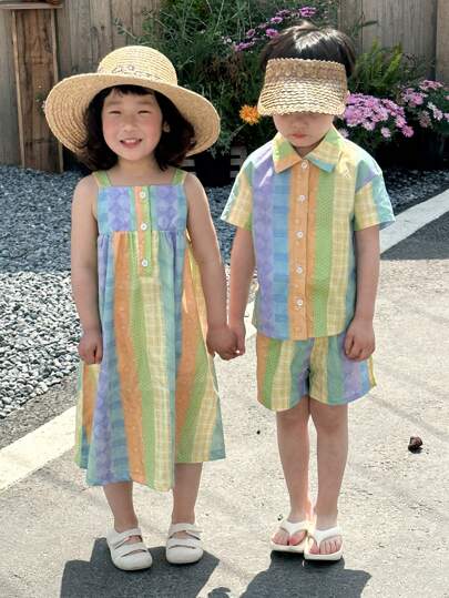 SHEIN Young Boy 2pcs/Set Striped Casual Holiday Turn-Down Collar Short Sleeve Shirt And Shorts Summer Outfits