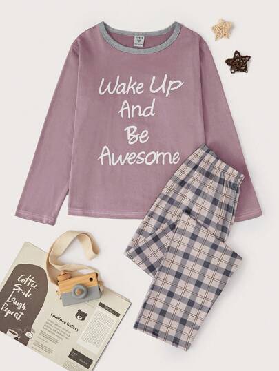 Tween Girls Simple Plaid Long Pants Set With English Letter Printed Long Sleeve Casual Two-Piece Homewear
