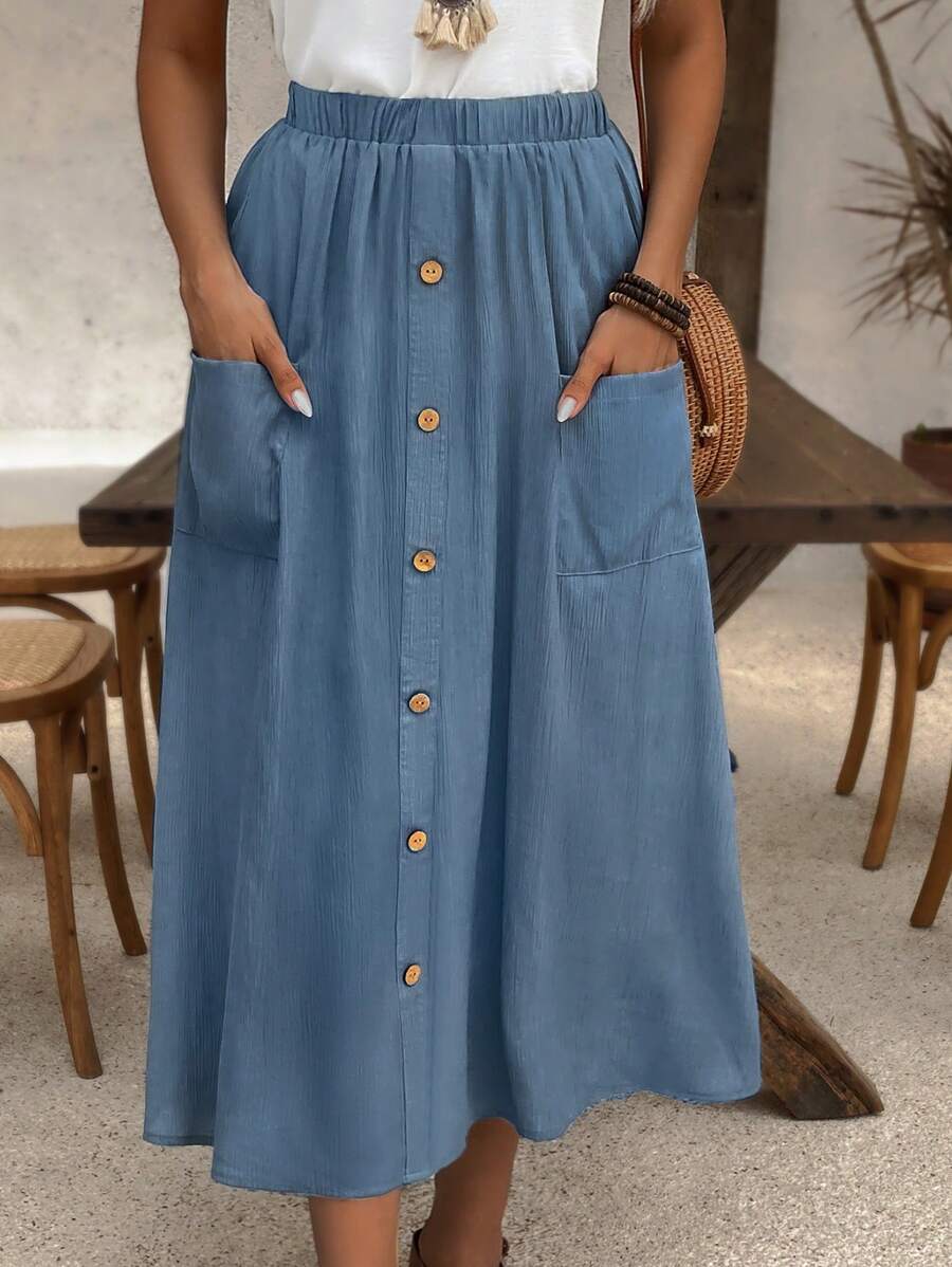 EMERY ROSE 夏季口袋按鈕設計休閒春夏裙 - 霧霾藍 - 查看 1