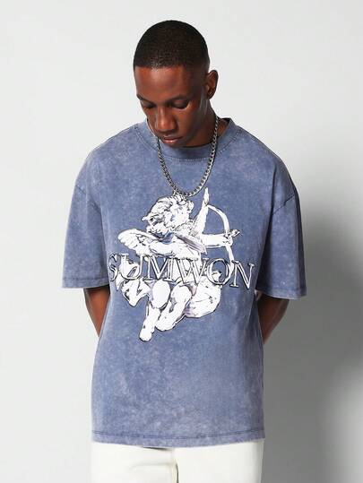 SUMWON Angel Design T-Shirt Oversized Fit Washed Cotton Chrome Effect Logo Print Streetwear Fashion Summer Casual Top