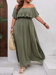 SHEIN VCAY Vestido de vacaciones con volantes y hombros descubiertos para tallas grandes - Verde Oliva - Ver 5