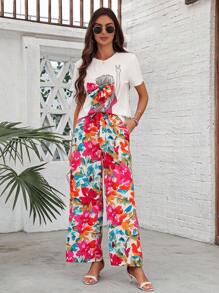 SHEIN LUNE Lässige Blumenkrawatten Taillenlange Hose und Porträt bedrucktes Kurzarm-T-Shirt Set - Verschiedenfarbig - Übersicht 5