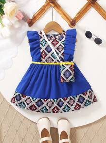 Đầm cổ tròn tay hình thoi họa tiết hoa có túi cho bé gái mùa hè - Màu xanh lam - Xem 1