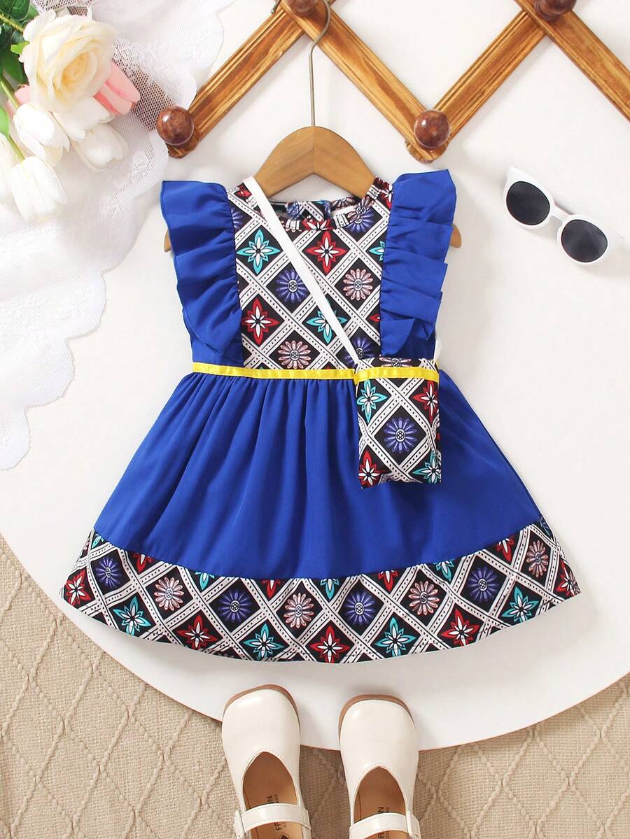 Đầm cổ tròn tay hình thoi họa tiết hoa có túi cho bé gái mùa hè - Màu xanh lam - Xem 1