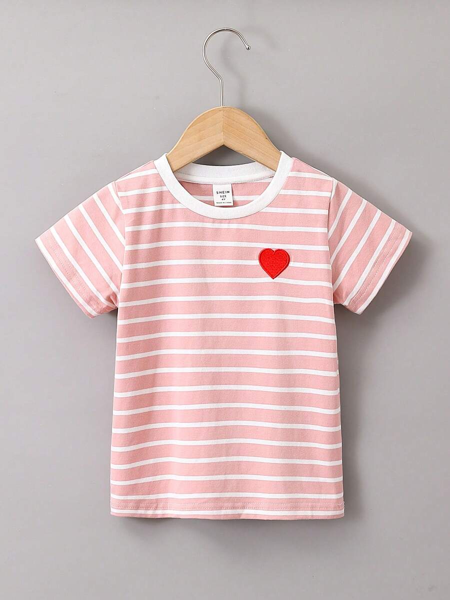 SHEIN Áo thun cổ tròn tay ngắn thêu hình trái tim trẻ trung dành cho nữ mùa hè - Nhiều màu - Xem 1