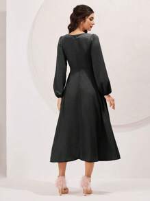 Modelyn Ladies Solid Color Spring/Summer Long Sleeve Dress With Square Neckline, Waistband And Pleat Details - Black - View 2