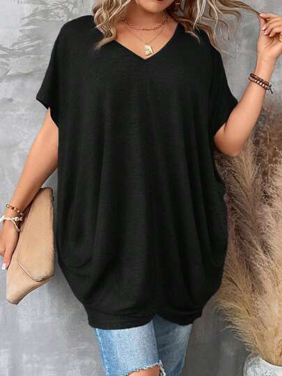 SHEIN CURVE+ Loose Plus Size V-Neck Batwing Sleeve Summer Casual T-Shirt With Draped Feeling