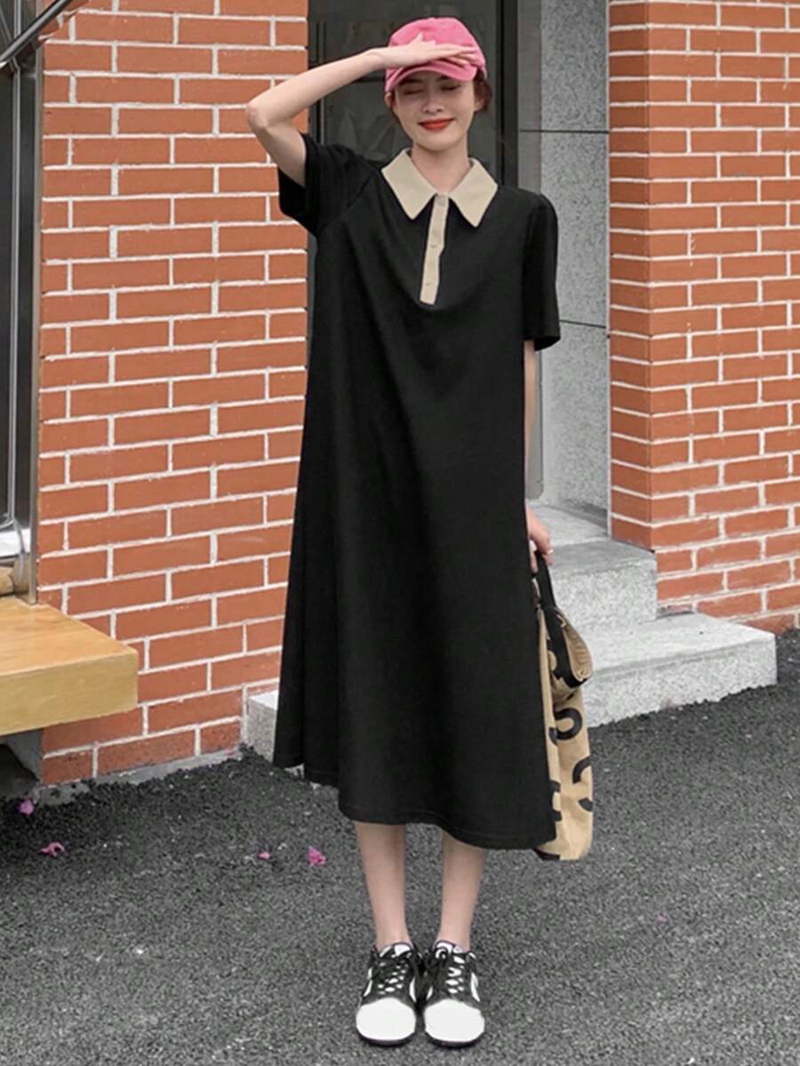 女士撞色Polo领短袖连衣裙,休闲优雅黑色夏季款 - 黑色 - 查看 1