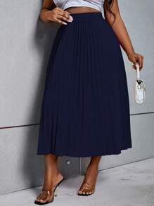 SHEIN Unity 大尺碼純色休閒日常褶皺裙 - 藏蓝色 - 查看 4