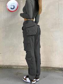GILIPUR Damen Einfarbige Gerade Bein Lässig Utility Hose - Dunkelgrau - Übersicht 2