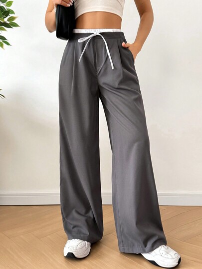 SHEIN EZwear Mujeres Pantalones anchos de moda y casuales con diseño de cintura ajustable con lazo