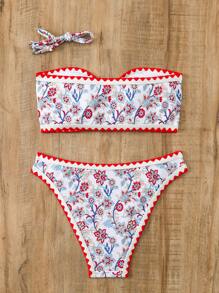 SHEIN Swim Women's Vacation Style Floral Printed Bandeau Bikini Set Summer - Multicolor - View 5