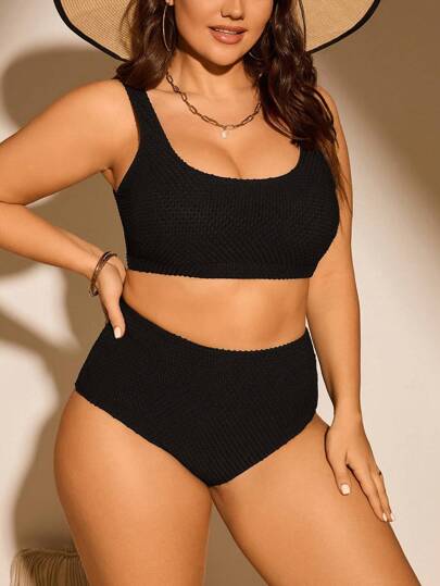 Swim Lushoire Summer Beach Plus Size Solid Texture Bra & Bikini Set Bottom Bikini Set
