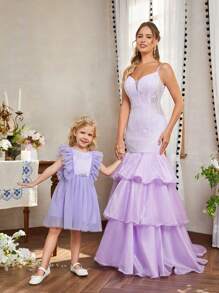 SHEIN Belle Elegante vestido ajustado con diseño de Body de sirena en estilo princesa con copa de pecho con tirantes spaghetti de tela de organza de encaje púrpura y ribetes de volantes de triple capa en el dobladillo y tirantes spaghetti para ocasiones formales de noche adecuado para ropa para padres e hijos para actividades de padres e hijos temporada de bodas temporada de graduación Día de la Madre festival de música fiesta formal de damas vestido de noche prom