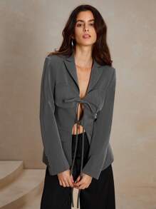 Anewsta Gray Tie Front Hollow Design Blazer - Grey - View 7