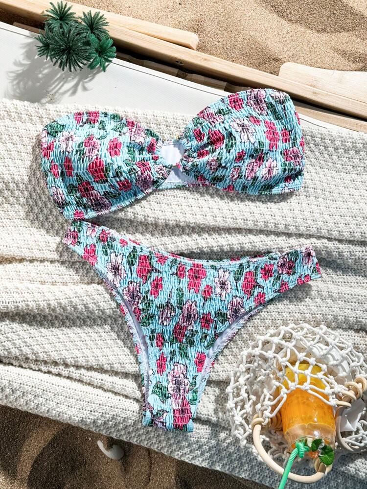 Women Strapless Two-Piece Bikini Set, Random Print, Wireless,Summer Beach