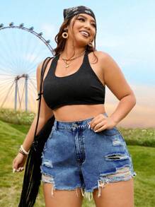 SHEIN Shorts de Mezclilla con Talla Extra con Bordes Crudos Rasgados - Azul lavado oscuro - Ver 1