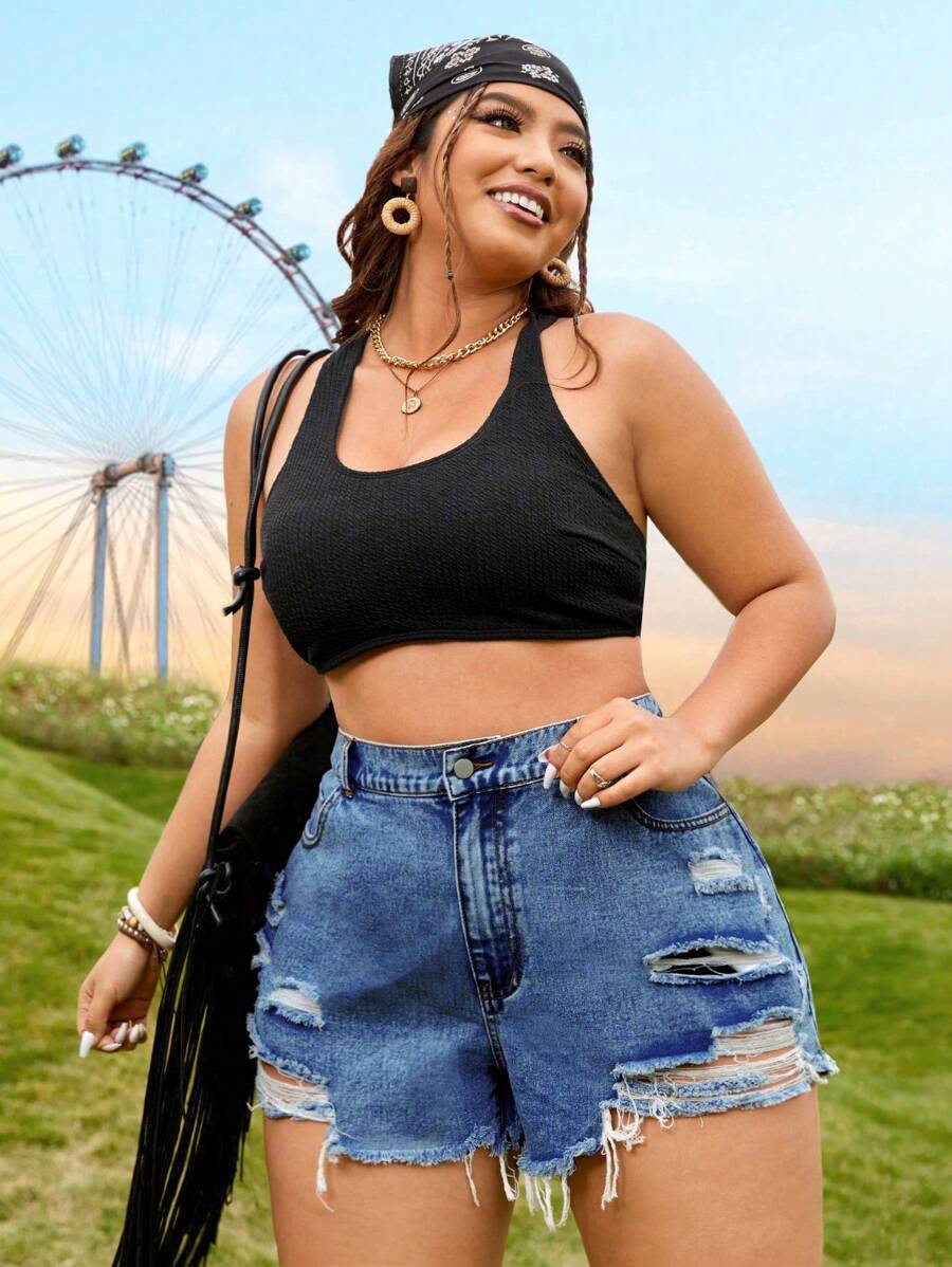 SHEIN Shorts de Mezclilla con Talla Extra con Bordes Crudos Rasgados - Azul lavado oscuro - Ver 1