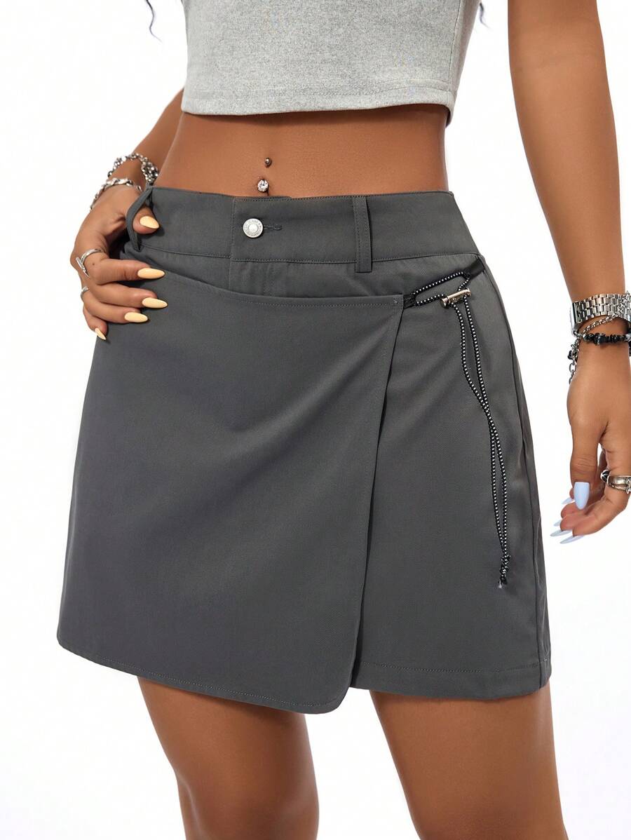 SHEIN EZwear Fashionable Wrap Style Casual Skirt For Spring/Summer Outfits Mini Skirt - Grey - View 1