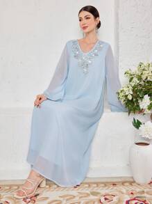 Al Najma 女士 V 领网眼拼接休闲阿拉伯连衣裙，优雅晚会连衣裙