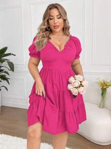 Flirla Plus Size V-Neck Ruffle Hem Summer Holiday Dress - Hot Pink - View 3