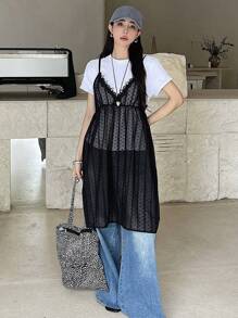 DAZY Đầm suông hở vai cổ chữ V phối ren lưới mùa hè đa năng Đầm suông trong suốt - màu đen - Xem 2
