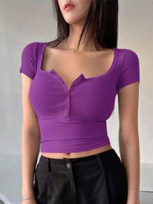 DAZY Mujeres Camiseta de verano ajustada con cuello cuadrado de punto acanalado y unicolor - Rojo violeta - Ver 4