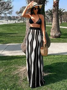 EURMUSE Knit Skirt With Ripple, For Summer Beach Vacation - Black and White - View 6