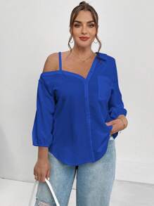 SHEIN Essnce Camisas casuales elegantes de mujer talla grande de nuevo estilo con diseño asimétrico de hombros descubiertos y mangas medias a rayas para uso casual, trabajo o para maestras