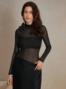 SHEIN Allurite Women Fitted Sheer 3D Rose Long Sleeve Blouse