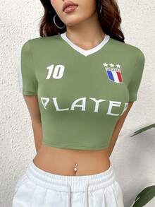 SHEIN Unity T-shirt en V de style sportif pour femmes - Vert olive - Voir 3