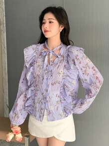 Dazy Designer Women's Spring Autumn Casual Floral Print Ruffle Design Long Sleeve Blouse