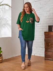 EMERY ROSE 大尺碼夏季休閒豹紋拼接上衣，帶口袋和開叉擺 - 墨綠色 - 查看 4