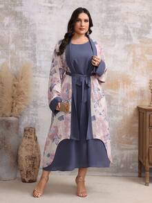 Plus Size Damska elegancka arabska odzież z losową drukowaną dekoracją paska (losowy nadruk)