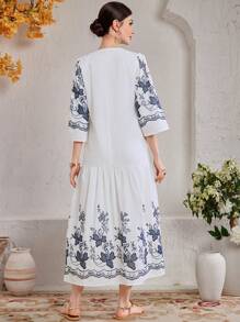 Mulvari Elegante vestido de manga larga para dama con bordado de flores de moda