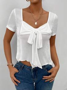 SHEIN Privé Áo thun nữ tay ngắn màu trắng có nơ lớn và viền bất đối xứng, vải lụa băng co giãn cho mùa hè - trắng - Xem 4