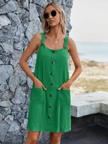 EMERY ROSE 女式寬鬆口袋裝飾無袖亞麻連身裙，適用於夏季 - 綠色 - 查看 4