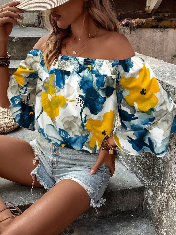 Women Spring/Summer Loose Wide-Legged Top With Floral Print, Off-Shoulder Design, And Flared Sleeves